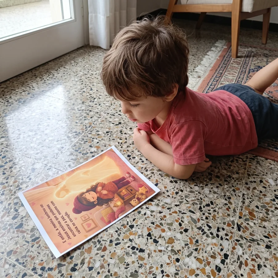 Menino lendo uma página ilustrada da coleção Com Jesus