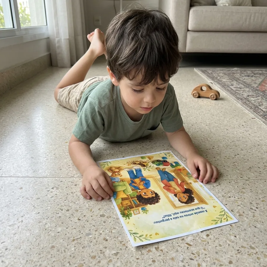 Menino lendo no chão uma página ilustrada da coleção Com Jesus