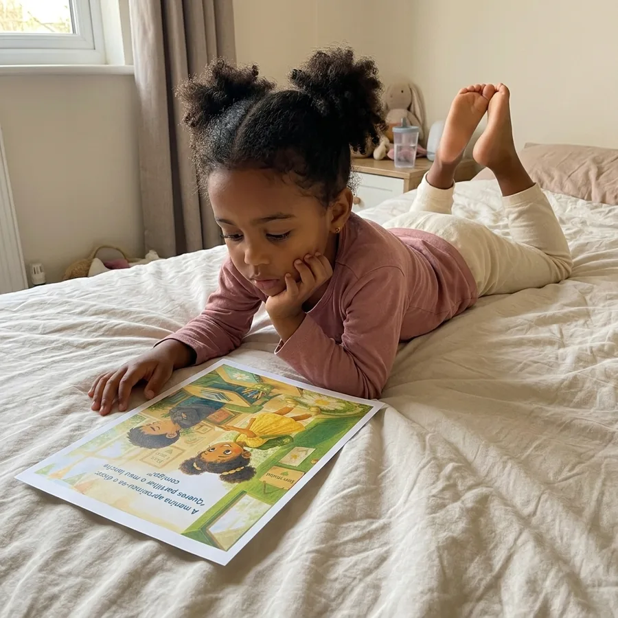 Menina lendo na cama uma página ilustrada da coleção Com Jesus