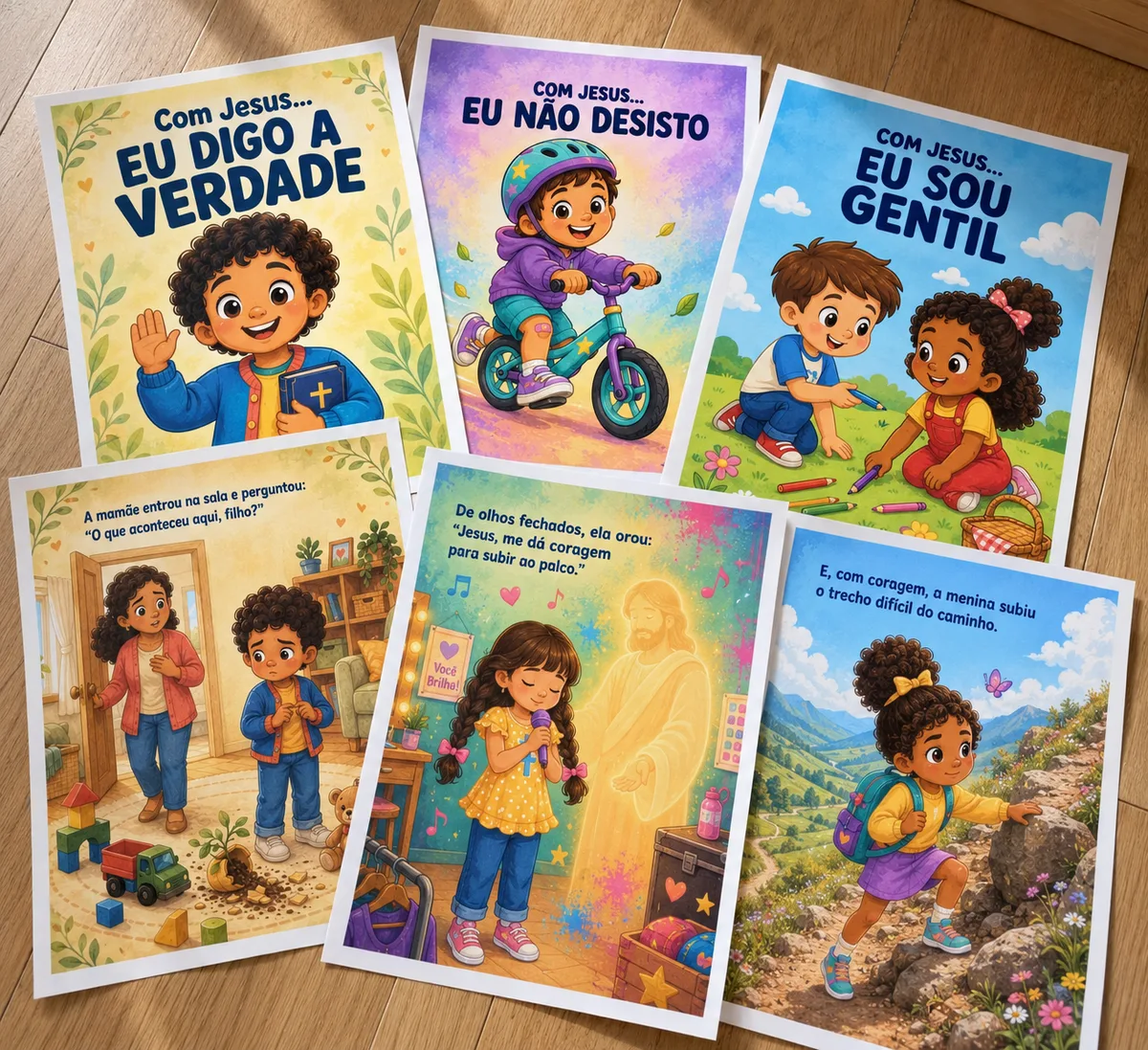 Os livros Com Jesus impressos e espalhados no chão