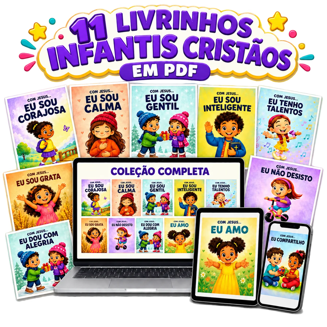 Coleção digital de 11 livros infantis cristãos exibida no computador, tablet e celular